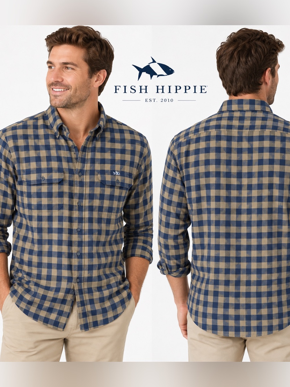 Fish Hippie Men’s Blue Tan Plaid Long Sleeve Button Down Shirt Size L